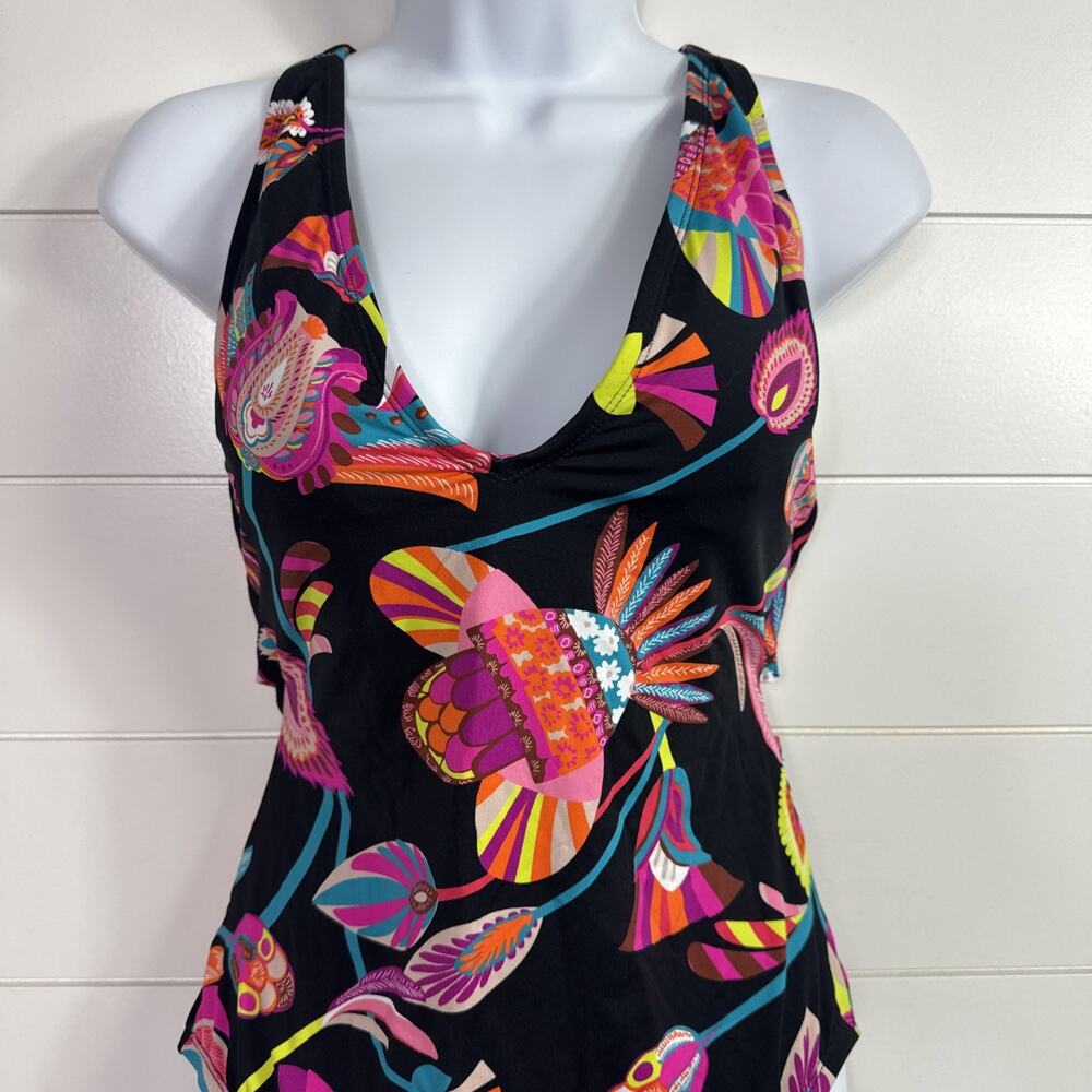 Trina Turk Luminary Cross Back V-Neck One Piece Swimsuit Black Floral sz 12 - Picture 2 of 9